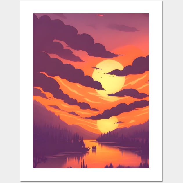 Minimalist Landscape with Sunrise and Cloudy Lake View Art Print on tshirt, poster Design Wall Art by supeart